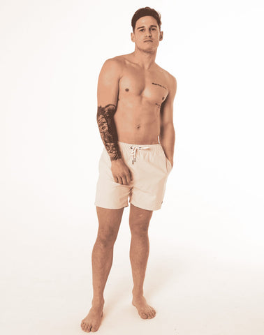 SevenCs Men's Recycled Polyester Shorts in Sand Stone - on model