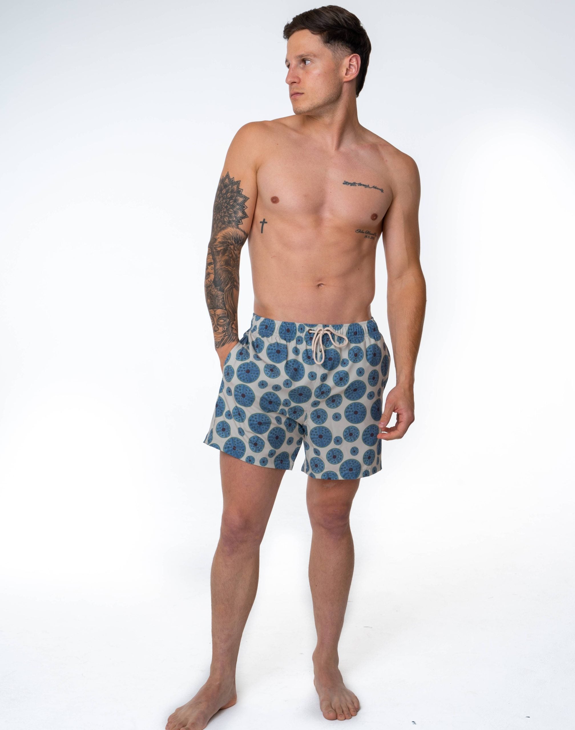 Sustainable Kids' Sea Urchin Print Shorts from SevenC's - Front View on model