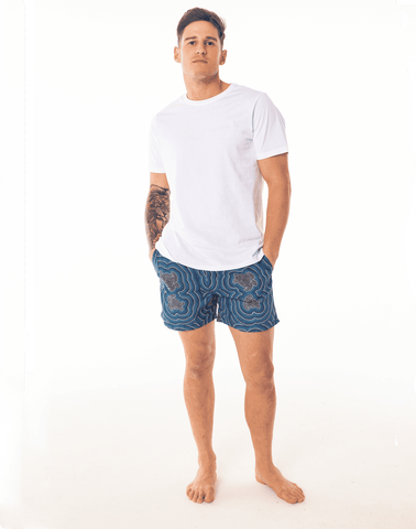 Eco-Friendly Dot art turtle Print Mens' Shorts by SevenC's - Front view on model with White T-shirt