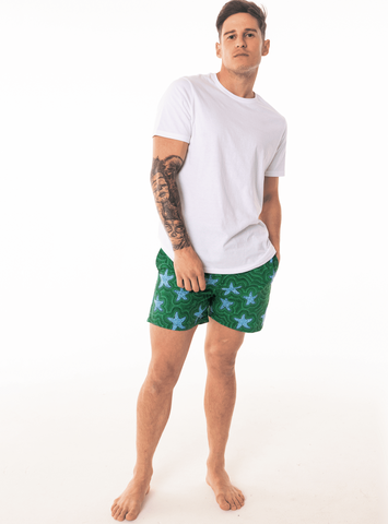 Sustainable Men's Star Fish Print Shorts from SevenC's - Front  View on model