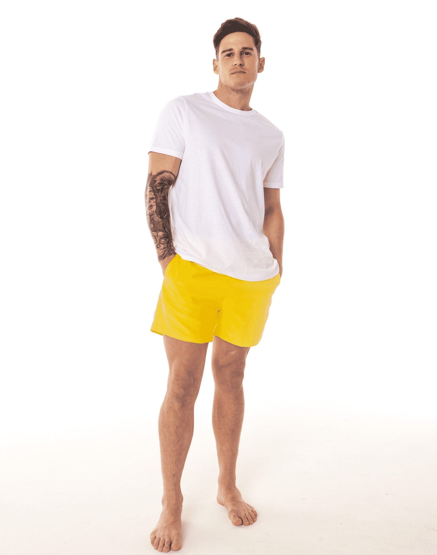 SevenC's Mens' Recycled Polyester Shorts in Yellow - Front View on Model