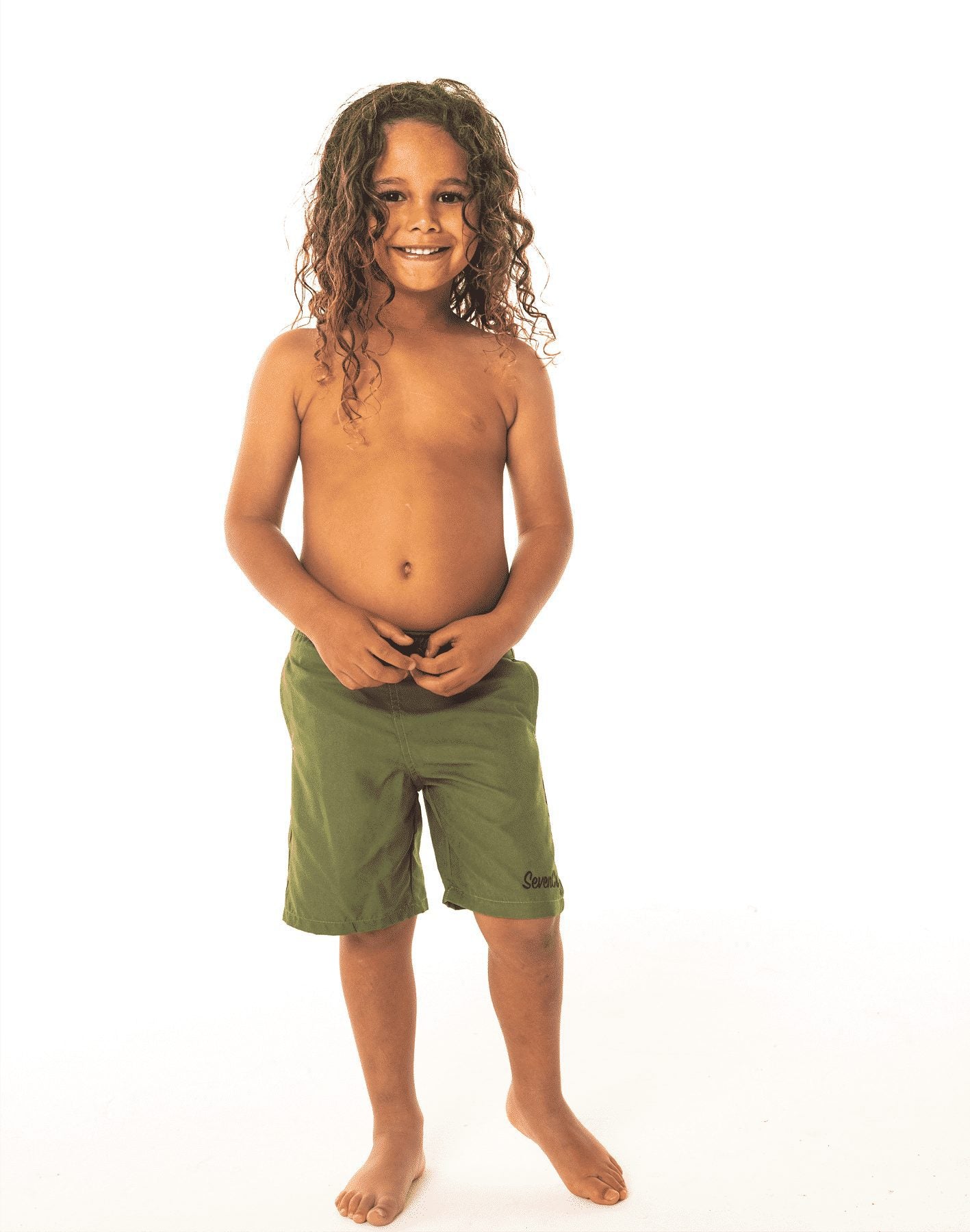  SevenC's Kids' Recycled Polyester Shorts in Olive - Full view on model