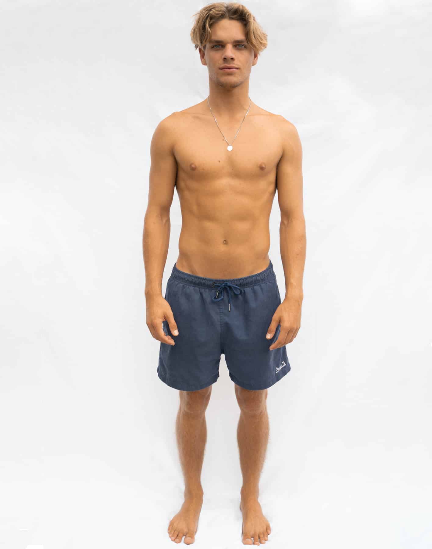 SevenC's Men's Recycled Polyester Shorts in Navy Blue on Model