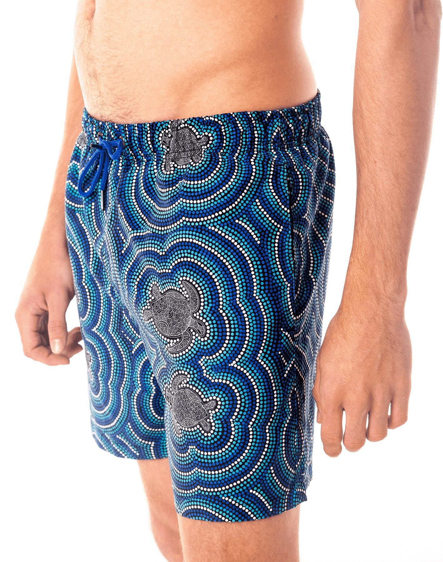Eco-Friendly Dot art turtle Print Mens' Shorts by SevenC's - Side view on model
